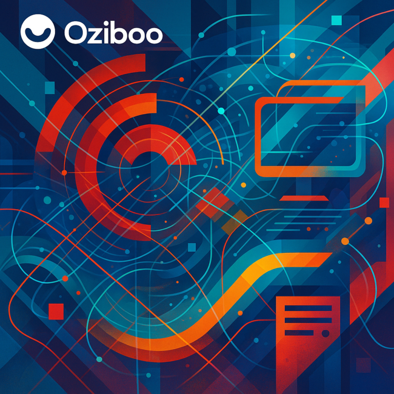 Ein abstraktes Kunstwerk das IT und Technologiedienstleistungen symbolisiert – mit digitalen Netzw 768x768